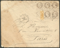 Lettre Timbre Coupé. No 43B Coupé Verticalement + 27 Bloc De Cinq, Obl Losange "LIL P", Sur Enveloppe Avec Convoyeur "DU - 1870 Uitgave Van Bordeaux