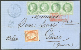 Lettre Cavalle. Nos 53 (bande De Trois + Un) + 38, Obl Gc Bleu 5156 Sur Lettre Avec Cad Bleu Cavalle 13 Nov 75 Pour Gêne - 1871-1875 Cérès