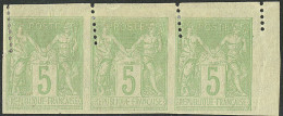 * Variété De Piquage. No 102, Vert-jaune, Bande De Trois Cdf Avec Piquage Partiel. - TB - 1876-1878 Sage (Type I)