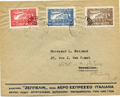 GRECE LETTRE AFFRANCHIE AVEC LES PA 5 / 7 ZEPPELIN SURVOLANT L'ACROPOLE DEPART ATHENES 5 V 33 POUR LA BELGIQUE PUIS LA.. - Covers & Documents