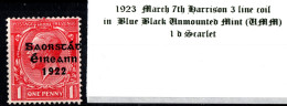 1923 March 7th Harrison 3 Line Coil In Blue Black Ink, 1 D Scarlet  Unmounted Mint (UMM) - Ongebruikt