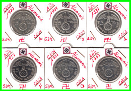 GERMANY - ALEMANIA DEUTFCHES REICH SERIE DE 6 MONEDAS DE 5.00 REICHSMARK AÑO 1937 MONEDAS DE PLATA - 29 MM.  HINDENBURG - 2 Reichsmark