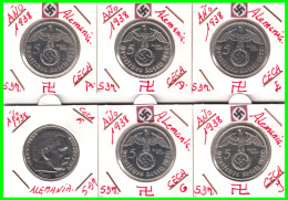 GERMANY - ALEMANIA DEUTFCHES REICH SERIE DE 6 MONEDAS DE 5.00 REICHSMARK AÑO 1938 MONEDAS DE PLATA - 29 MM.  HINDENBURG - 2 Reichsmark