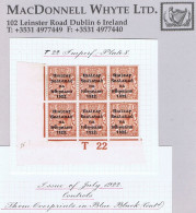 Ireland 1922 Thom Rialtas 5-line Blue-black 1½d, Control T22 Imperf, Corner Block Of 6 Plate 8 Mint, Ex Field - Unused Stamps