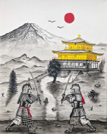Tableau Peinture Le Duel De Samourai Au Japon Au Pied Du Temple D'or, Katana - Gevechtssport