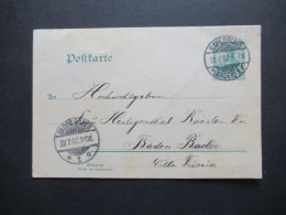 DR 1902 Germania Ganzsache Mit 2 Klaren / Sauberen Stempeln Karlsruhe (Baden) Nach Baden-Baden Mit Ank. Stempel - Briefkaarten