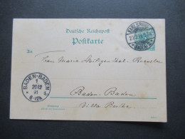 DR 1891 Reichspost GA Krone / Adler Sauberer Stempel Karlsruhe (Baden) 2 Nach Baden Baden Mit K1 Ank. Stempel - Postkarten