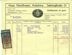SALZBURG 1924 Rechnung Deko + 3 Fiskalmarken " Sepp Viertlbaur Imbergstr.23 Textilwaren " - Autriche