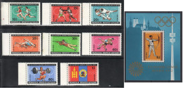 Mongolie; **; Yv N°PA 17 à 24 + BF 29 ; Mi 702 à 709 + BL29; Sg 677 à 684, MS 685; JO Munich 1972 - Mongolie