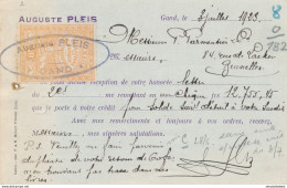 516/28 -  Timbre FISCAL  Opérations De Banque 10 C Sur Carte TP Petit Albert GENT 1923 - Cachet Auguste Pleis à GAND - Documenti