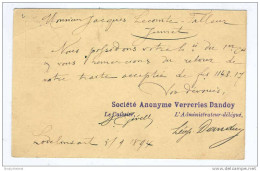 Entier Lion Couché CHARLEROI 1894 Vers JUMET - Cachet Privé S.A. Verreries Dandoy à LODELINSART --  B4/367 - Briefkaarten 1871-1909