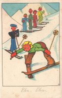 ILLUSTRATEUR - Gens Faisant Du Ski - Femme Sur Le Point De Tomber - Colorisé - Carte Postale Ancienne - Autres & Non Classés