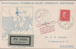 1929. SVERIGE. 15 ÖRE Gustav V On Postcard  From NATTFLYGNING  STOCKHOLM-AMSTERDAM 28.6.29. TUR 22 To Amst... - JF444784 - Lettres & Documents