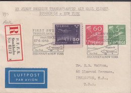 1945. SVERIGE. Fine Small Registered LUFTPOST Cover To Irvington, N.J. USA With 5 + 60 ÖRE S... (Michel 214+) - JF444800 - Lettres & Documents