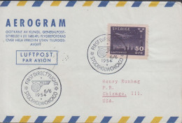 1954. SVERIGE. Fine AEROGRAM To Chicago With 50 öre Luftpost Cancelled FIRST DIRECT FLIGHT ST... (Michel 214) - JF444816 - Storia Postale