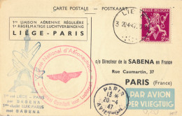 SABENA CARTE POSTALE  1er LIAISON AERIENNE REGULIERE  LIEGE - PARIS         2 SCANS - Briefe U. Dokumente