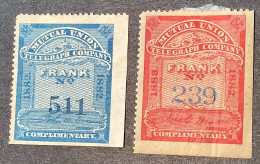 US Telegraph Stamps: Mutual Union Company 1882-1883 Sc.9T1-9T2 Mint Scarce ! (USA Timbre Telegraphe - Telegraafzegels