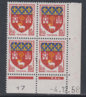 France N° 1182 XX Armoiries : Toulouse En Bloc De 4 Coin Daté Du 4 . 12 . 58 ; 3 Points Blancs, Sans Charnière, TB - 1950-1959