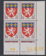 France N° 1181 XX Armoiries : Lyon En Bloc De 4 Coin Daté Du 24 . 10 . 58 ; 1 Point Blanc, Sans Charnière, TB - 1950-1959