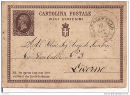 CARTOLINA  POSTALE  Cent. 10 - VIAGGIATA  1876 - GUADISTALLO/PISA -LIVORNO -VARIETA'  ROSSOSCURO - Entero Postal