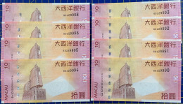 MACAU, MACAO - 2010 BANCO NACIONAL ULTRAMARINO 10 PATACAS UNC WITH "BD" PREFIX X 8 SHEETS WITH NICE NUMBERS - Macau