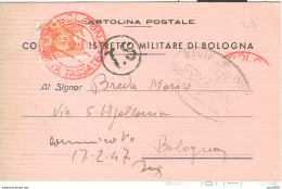 SEGNATASSE £.1 -TASSA A CARICO-COMANDO DISTRETTO MILITARE, BOLOGNA-1947-TIMBRO ROSSO BOLOGNA DISTRIBUZIONE TASSATE- T.S. - Taxe