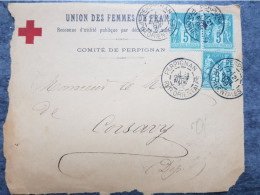 Devant De Lettre 1898 Croix Rouge Union Des Femmes De France Comité De Perpignan TB SAGE 5 CTS X 3 - MILITARIA - Rotes Kreuz