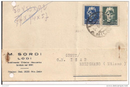 SORDI,LODI, CARTOLINA COMMERCIALE VIAGGIATA  1945, PER MELEGNANO - Lodi