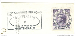 MONTE CARLO, 62 CONGRES FRANCAIS D'ESPERANTO,POSTE MONTECARLO TARGHETTA, ,1970, LE ROCHER DES GRIMALDI - Postmarks