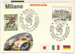 MOSTRA STORICA  70 ANNI DI MOTOCICLISMO, MILANO 1984, ANNULLO SPACIALE FIGURATO  SU CARTOLINA DEDICATA, - Motorbikes