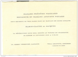 MARIAGE, LAUSANNE -CHEXBRES, TEMPLE DE CHARDONNE, 1953, - Mariage