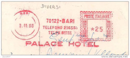 PALACE  HOTEL, BARI, TIMBRO ROSSO SU CARTOLINA  VIAGGIATA 1968 PER MILANO, - Hotels, Restaurants & Cafés