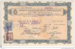 ISTITUTO NAZIONALE ASSICURAZIONI, ROMA, QUIETANZA  AGOSTO 1940, CON MARCHE DA BOLLO, MISTE, - Banque & Assurance