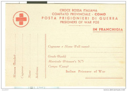 PRIGIONIERI DI GUERRA , CARTOLINA PER LA CORRISPONDENZA DEI PRIGIONIERI, CROCE ROSSA ITALIANA IN FRANCHIGIA,  NUOVA - Croix-Rouge