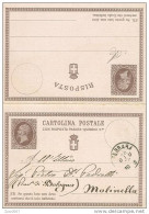 STORIA POSTALE, REGNO VITT. EMANUELE II, C.P.  15 Cent. + RISPOSTA, C2, VIAGGIATA  1876 FERRARA- MOLINELLA,  COMPLETA, - Entero Postal