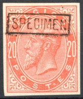 [* SUP] 1883 : Essai De Couleur -  20c Rouge-orange Non Dentelé Avec Specimen - 1869-1883 Leopold II.