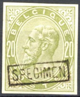 [* SUP] 1883 : Essai De Couleur -  20c Olive Non Dentelé Avec Specimen - 1869-1883 Léopold II