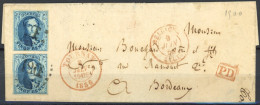 [Document SUP] N° 7A (2x), Bien Margés Sur Superbe Lettre De Tournai, 'P120' à Points Du 8 Juin 1856 Vers Bordeaux - 1851-1857 Medallones (6/8)