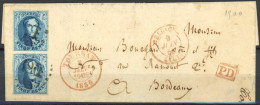 [Document SUP] N° 7A (2x), Bien Margés Sur Superbe Lettre De Tournai, 'P120' à Points Du 8 Juin 1856 Vers Bordeaux - 1851-1857 Medaillons (6/8)