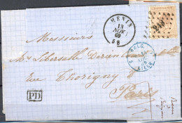 [Document TB] N° 19A Sur LAC De Menin, 'LP243' Du 13 Nov 1869 Vers Paris - 1865-1866 Perfil Izquierdo