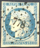 [O TB] N° 4, 25c Bleu (3 Marges) Obl Concours Peu Courante 'PC778' Châteaubourg - 1849-1850 Ceres