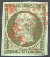 [O SUP] N° 11, 1c Olive, Belles Marges - Superbe Obl Rouge - 1853-1860 Napoleon III