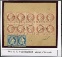 [O SUP] N° 51, Superbe Bloc De 10 + 2x25c Bleu Sur Dessus D'un Colis Superbement Obl Cachet à Date De Marciac. Rare - 1871-1875 Ceres