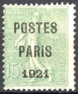 [(*) SUP] PO28, 15c Vert-olive 'POSTES PARIS 1921' - Signé Calves - Cote: 200€ - 1893-1947