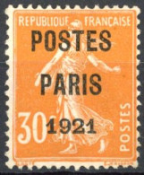 [(*) SUP] PO29, 15c Orange 'POSTES PARIS 1921' - Signé Calves - Cote: 90€ - 1893-1947