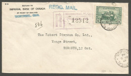1943 Corner Card Registered Cover 14c War Tank CDS Montreal PQ Quebec Imperial Bank - Postgeschichte