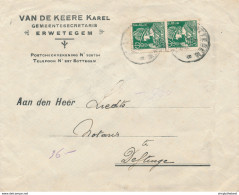 602/30 - Enveloppe TP Mercure ERWETEGEM 1935 - Entete Gemeentesecretaris Karel Van De Keere - 1932 Cérès Et Mercure