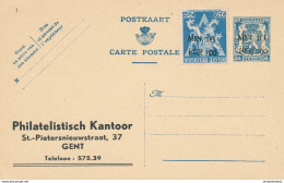 678/28 -  Entier Postal NEUF Petit Sceau + TP Lion V - Surcharge MIN 10 PER 100 - Philatelistisch Kantoor GENT Repiquage - Cartes Postales 1934-1951