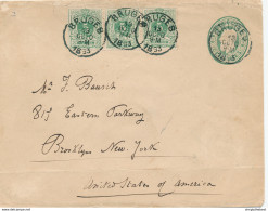 680/28 - Entier Enveloppe TP 45 X 3 BRUGES 1893 Vers NEW YORK USA - Verso Cachet Et Cire Moulaert , Avoué - Omslagen