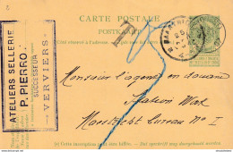 DDX 657 --  Entier Postal Armoiries VERVIERS 1907 Vers MAESTRICHT - Taxé 5 Cents - Cachet Ateliers De Sellerie Pierrot - Briefkaarten 1871-1909